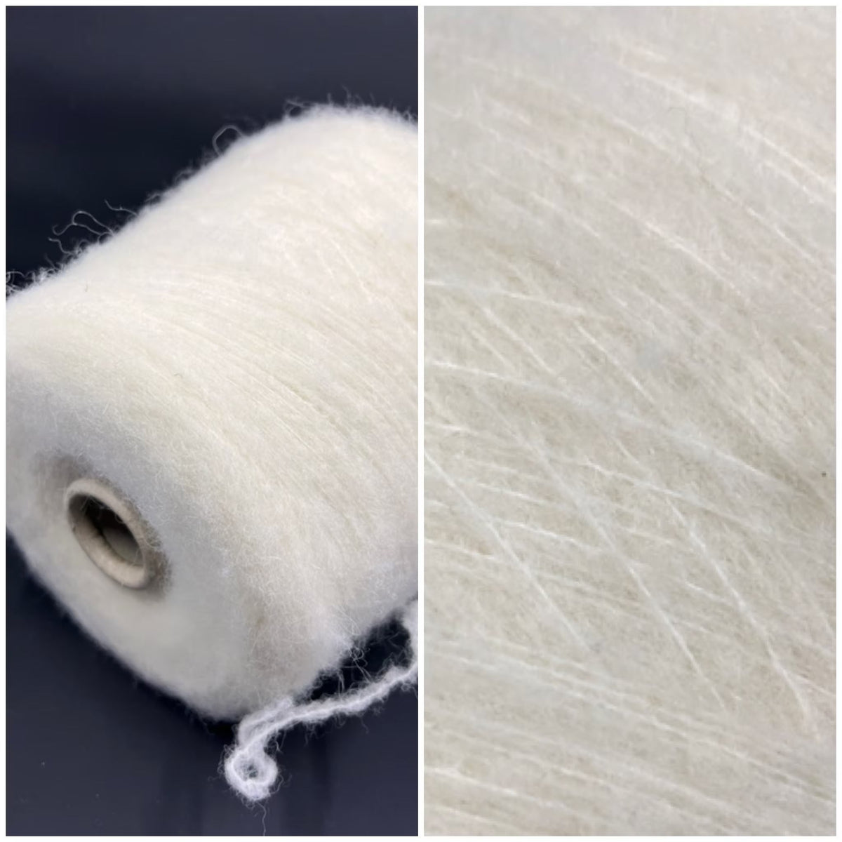 Close-up of a skein of un-dyed, naturally colored yarn. It has a slightly irregular texture with visible fine fibers and a soft, matte sheen, indicating a fluffy, gentle twist.