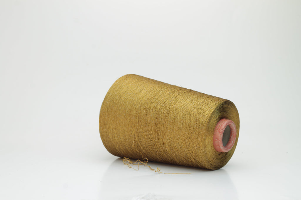 Luxurious deep bronze yarn with a distinct spiral twist, showcasing a radiant metallic sheen and smooth, tightly spun fibers.